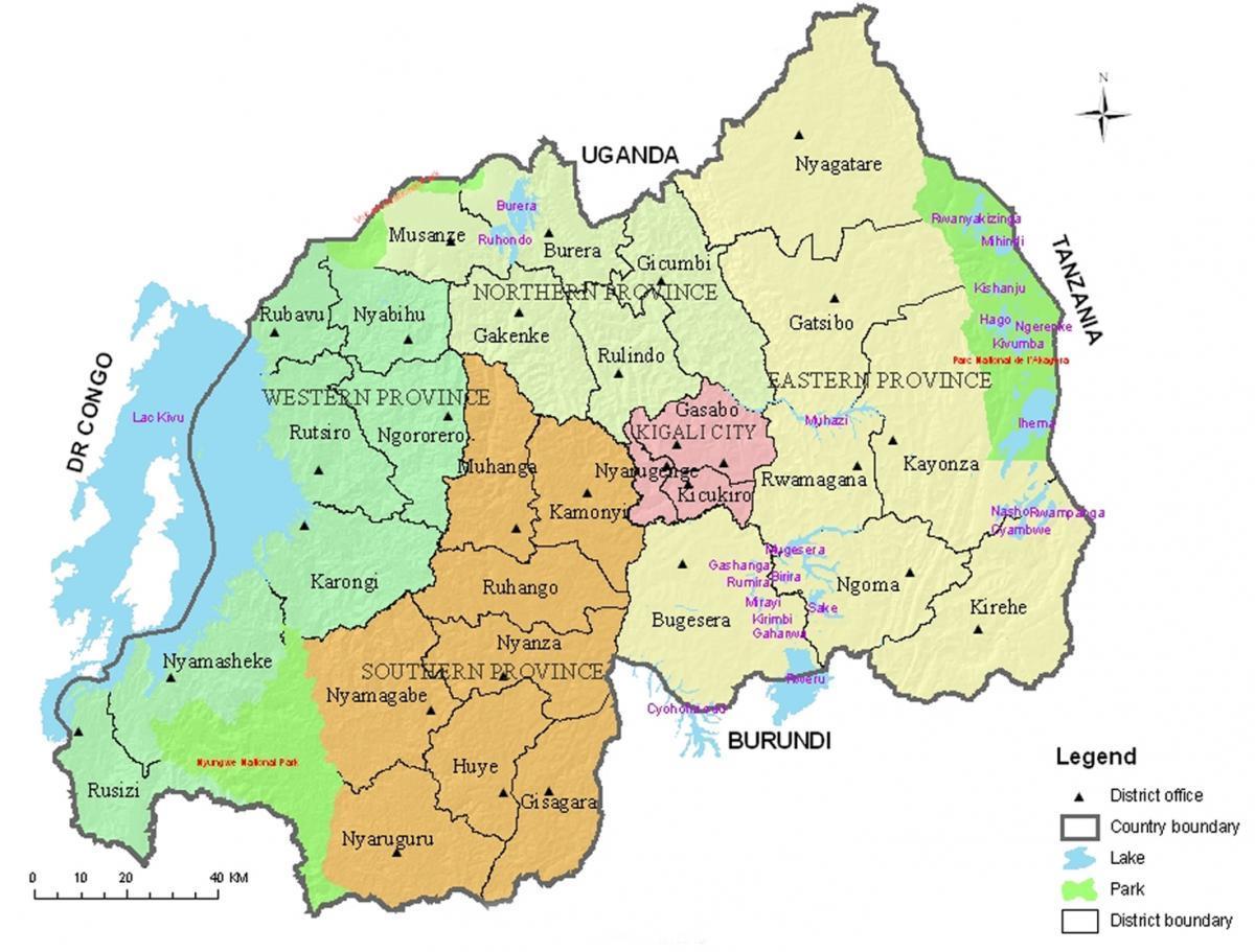 map of Rwanda with districts and sectors